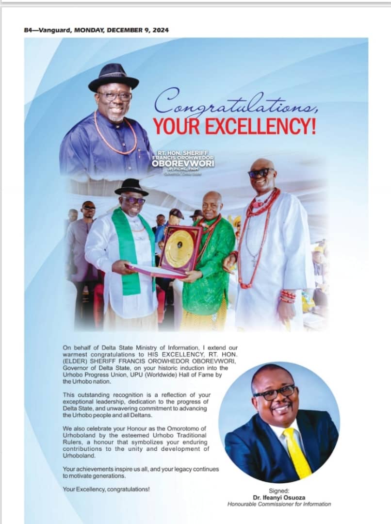 Osuoza Celebrates Oborevwori’s Induction Into Urhobo Progress Union Hall of Fame